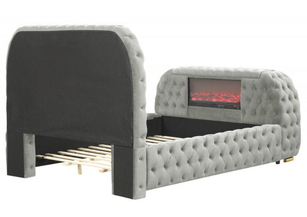 B01-GY  Grey tufted velvet fabric queen bed frame with TV lift and visual fireplace in footboard