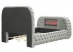 B01-GY  Grey tufted velvet fabric queen bed frame with TV lift and visual fireplace in footboard