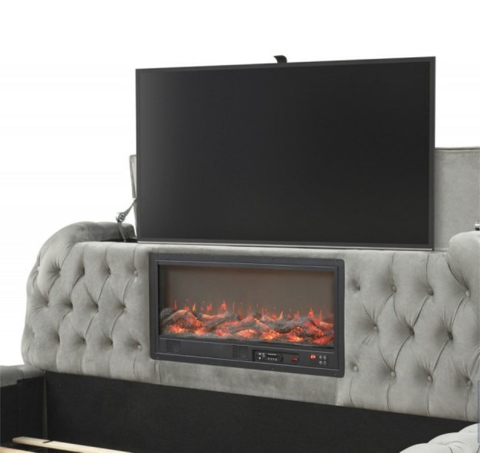 B01-GY  Grey tufted velvet fabric queen bed frame with TV lift and visual fireplace in footboard
