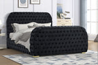 B01-BK  Black tufted velvet fabric queen bed frame with TV lift and visual fireplace in footboard