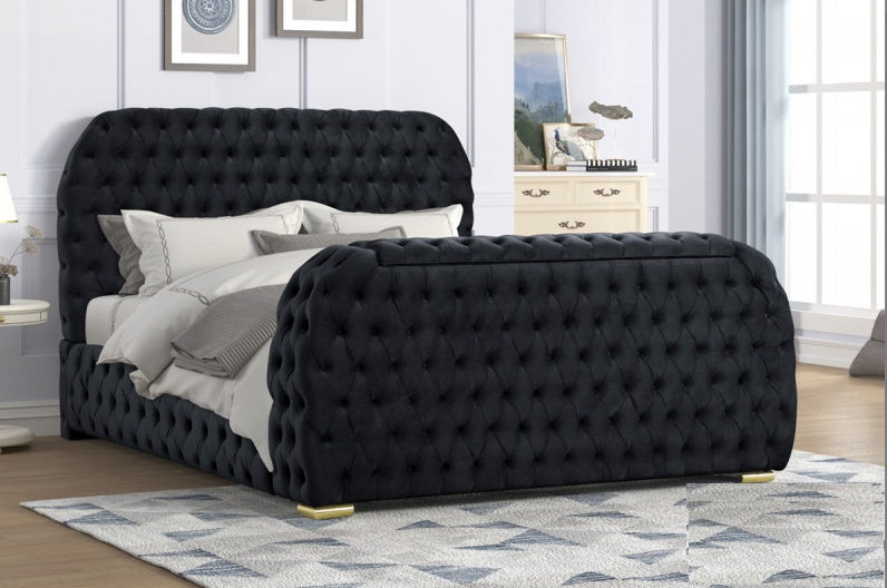 B01-BK  Black tufted velvet fabric queen bed frame with TV lift and visual fireplace in footboard