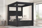 B03-BK Black fabric upholstered queen canopy bed frame set
