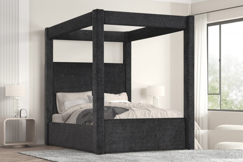 B03-BK Black fabric upholstered queen canopy bed frame set