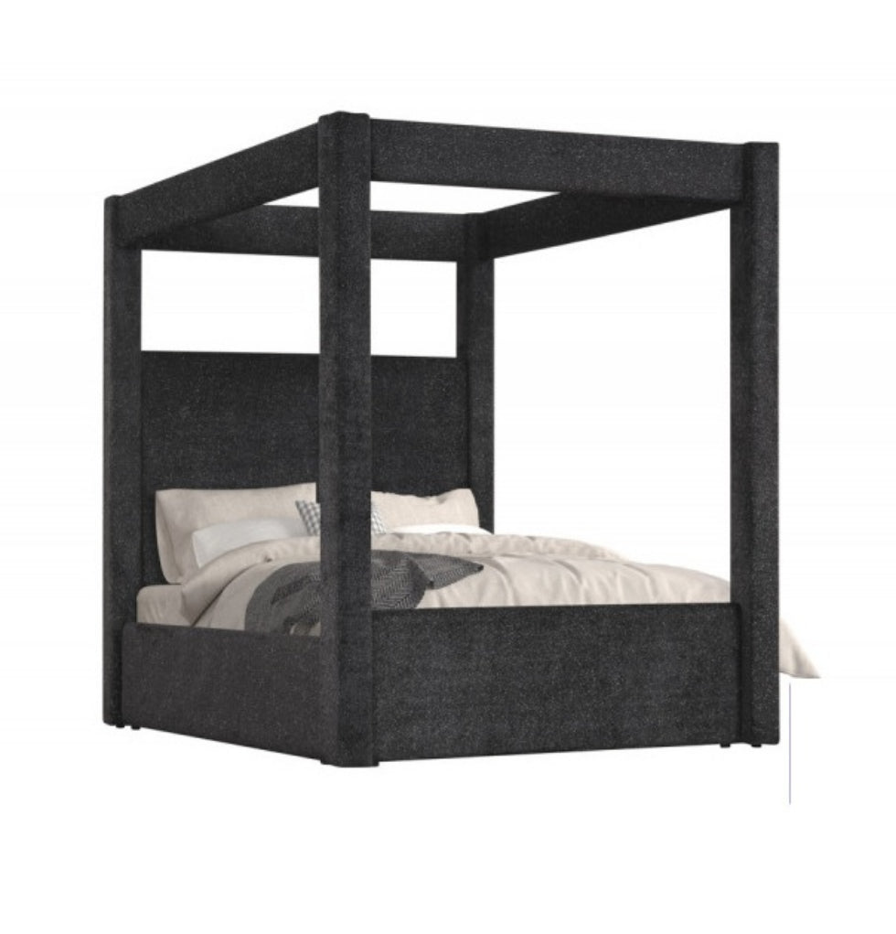 B03-BK Black fabric upholstered queen canopy bed frame set