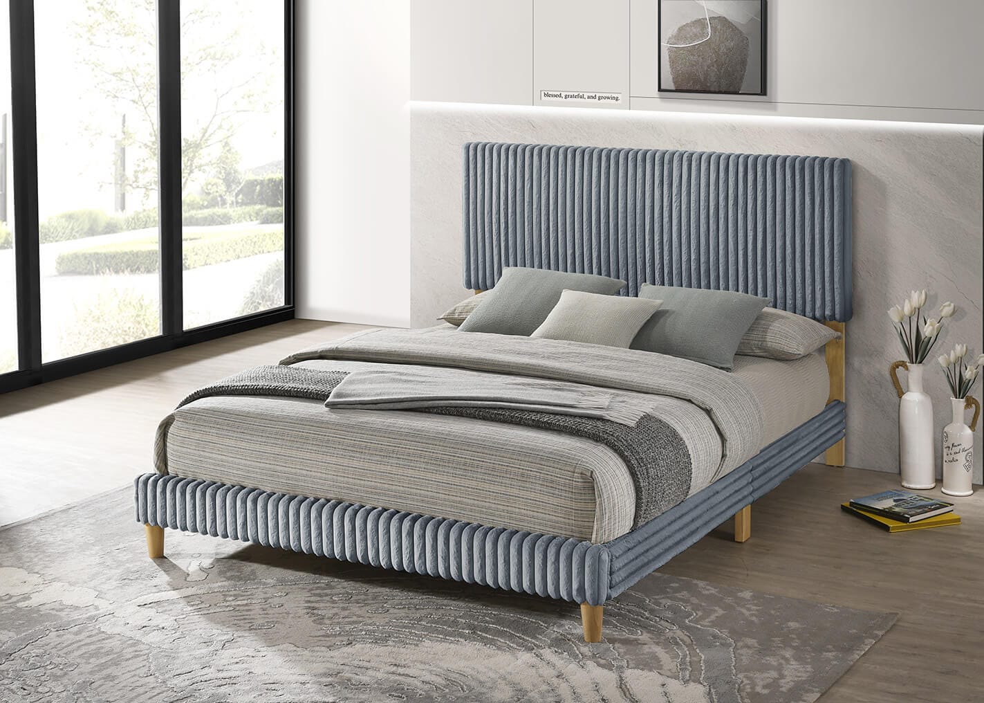 B11 Charlton home castalina grey wide corduroy velvet queen bed set natural wood tone legs