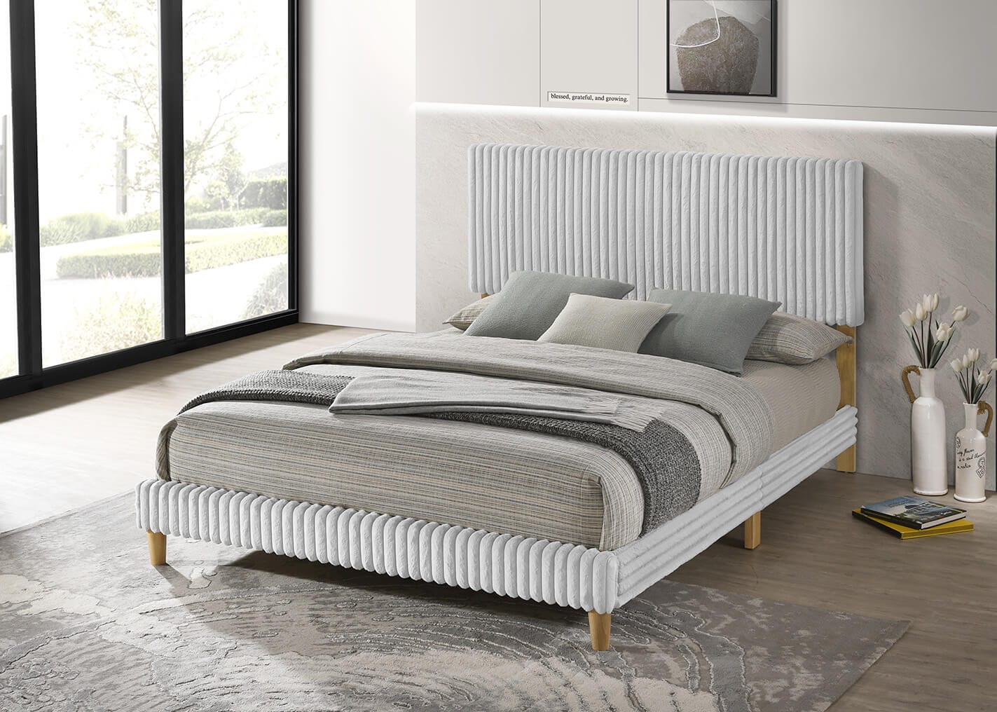 B12 Charlton home castalina light grey wide corduroy velvet queen bed set natural wood tone legs