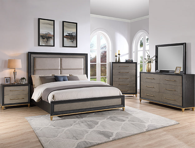 B1200 4 pc Payson black two tone finish wood matte gold trim highlights padded headboard queen bedroom set