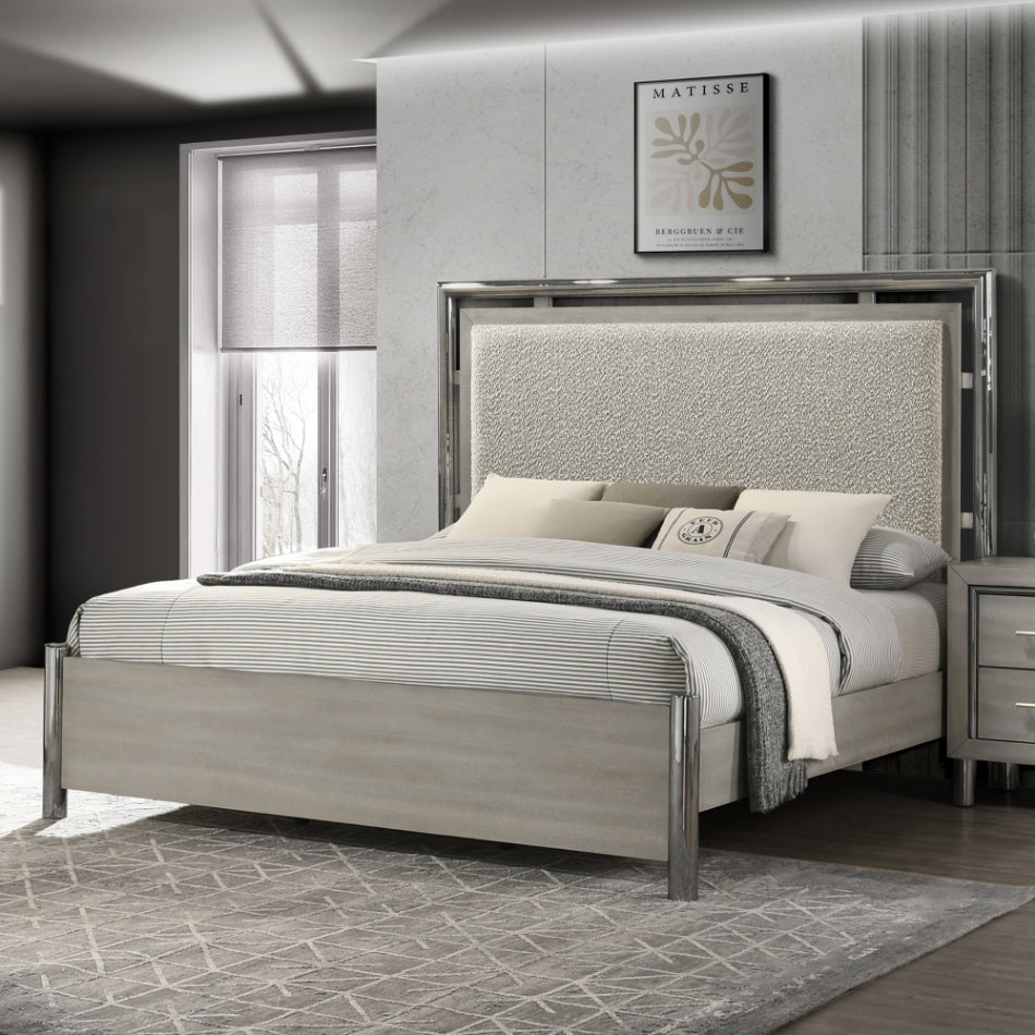 00-1248-4PC 4 pc Lennox light grey finish wood fabric upholstered headboard queen bed set silver trimmed accents