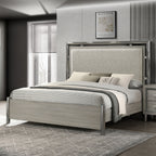 00-1248-4PC 4 pc Lennox light grey finish wood fabric upholstered headboard queen bed set silver trimmed accents