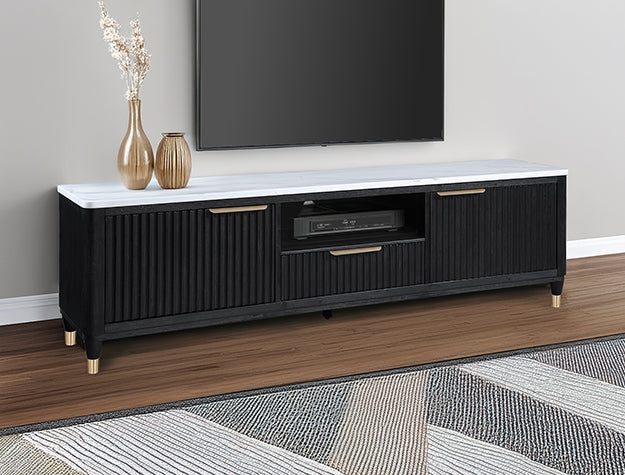 B1400-9 Kara black finish wood ribbed fronts white faux marble top 84" wide TV stand media center