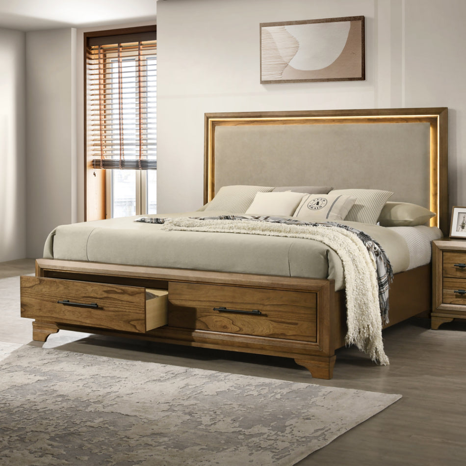 00-1424-4PC 4 pc Talcott honey oak finish wood padded headboard LED lighted accents queen bed set footboard drawers
