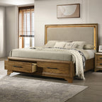 00-1424-4PC 4 pc Talcott honey oak finish wood padded headboard LED lighted accents queen bed set footboard drawers