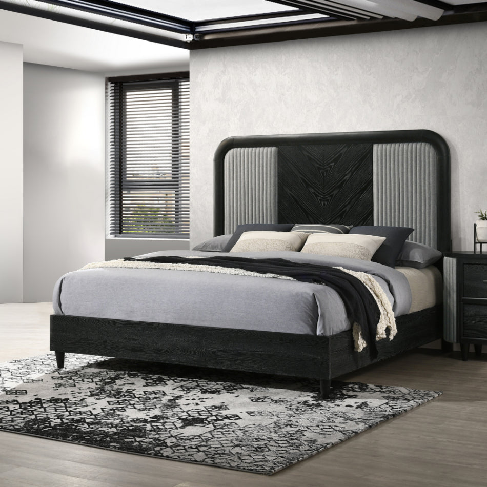 00-B1434-4PC 4 pc Skyline onyx black finish wood padded headboard mid century modern queen bed set