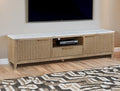 B1450-9 Kara natural finish wood ribbed fronts white faux marble top 84" wide TV stand media center