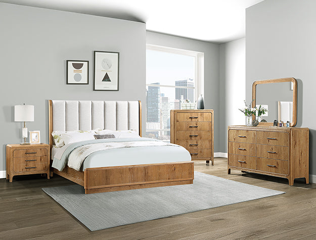 Westcott 4-Piece Natural Wood Fabric Padded Headboard Queen Bedroom Set – B1500