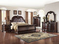 B1600 4 pc Stanley brown cherry finish wood faux leather tufted upholstered headboard sleigh style bedroom set with marble tops
