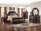 B1600 4 pc Stanley brown cherry finish wood faux leather tufted upholstered headboard sleigh style bedroom set with marble tops