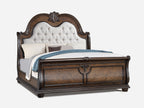 B1610 4 pc Stanley rich brown finish wood fabric tufted upholstered headboard sleigh style bedroom set with marble tops