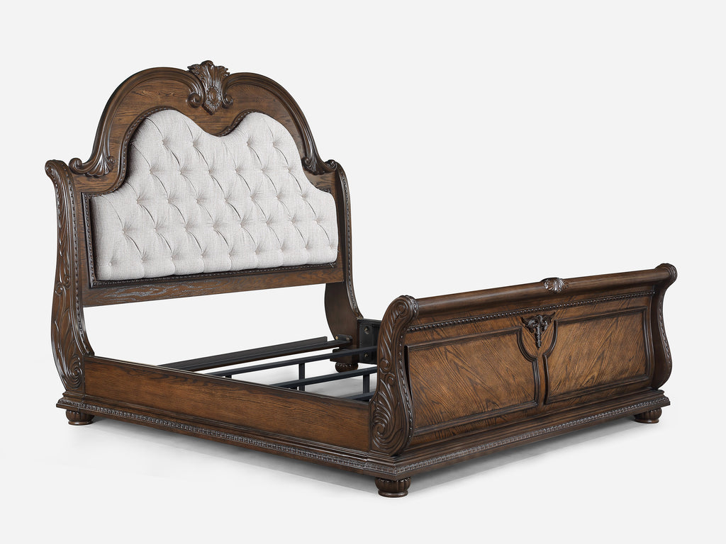 B1610 4 pc Stanley rich brown finish wood fabric tufted upholstered headboard sleigh style bedroom set with marble tops
