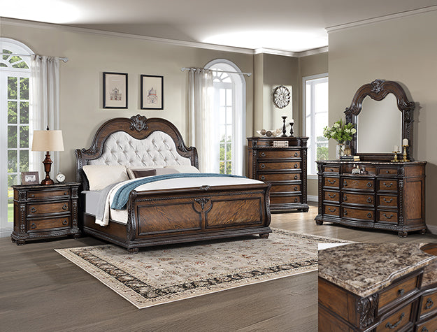 B1610 4 pc Stanley rich brown finish wood fabric tufted upholstered headboard sleigh style bedroom set with marble tops