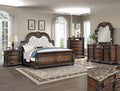B1610 4 pc Stanley rich brown finish wood fabric tufted upholstered headboard sleigh style bedroom set with marble tops