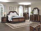 B1610 4 pc Stanley rich brown finish wood fabric tufted upholstered headboard sleigh style bedroom set with marble tops
