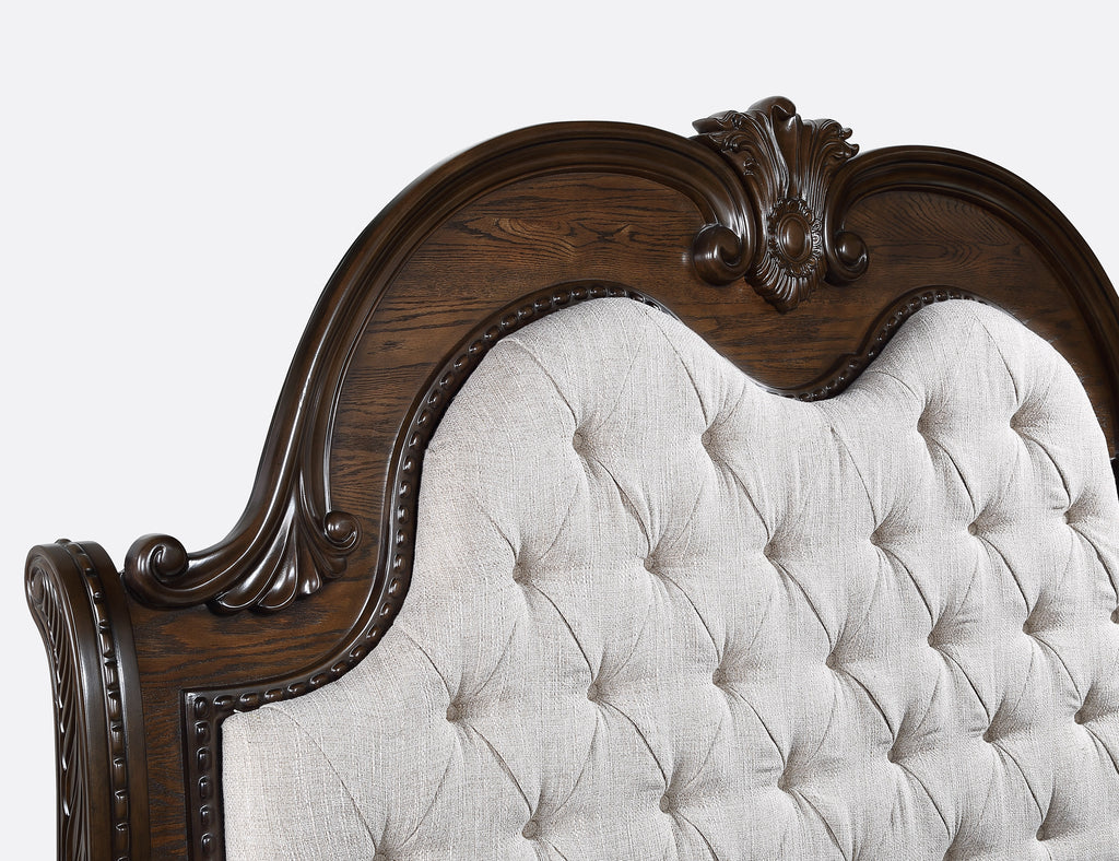 B1610 4 pc Stanley rich brown finish wood fabric tufted upholstered headboard sleigh style bedroom set with marble tops