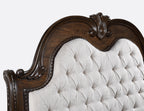 B1610 4 pc Stanley rich brown finish wood fabric tufted upholstered headboard sleigh style bedroom set with marble tops