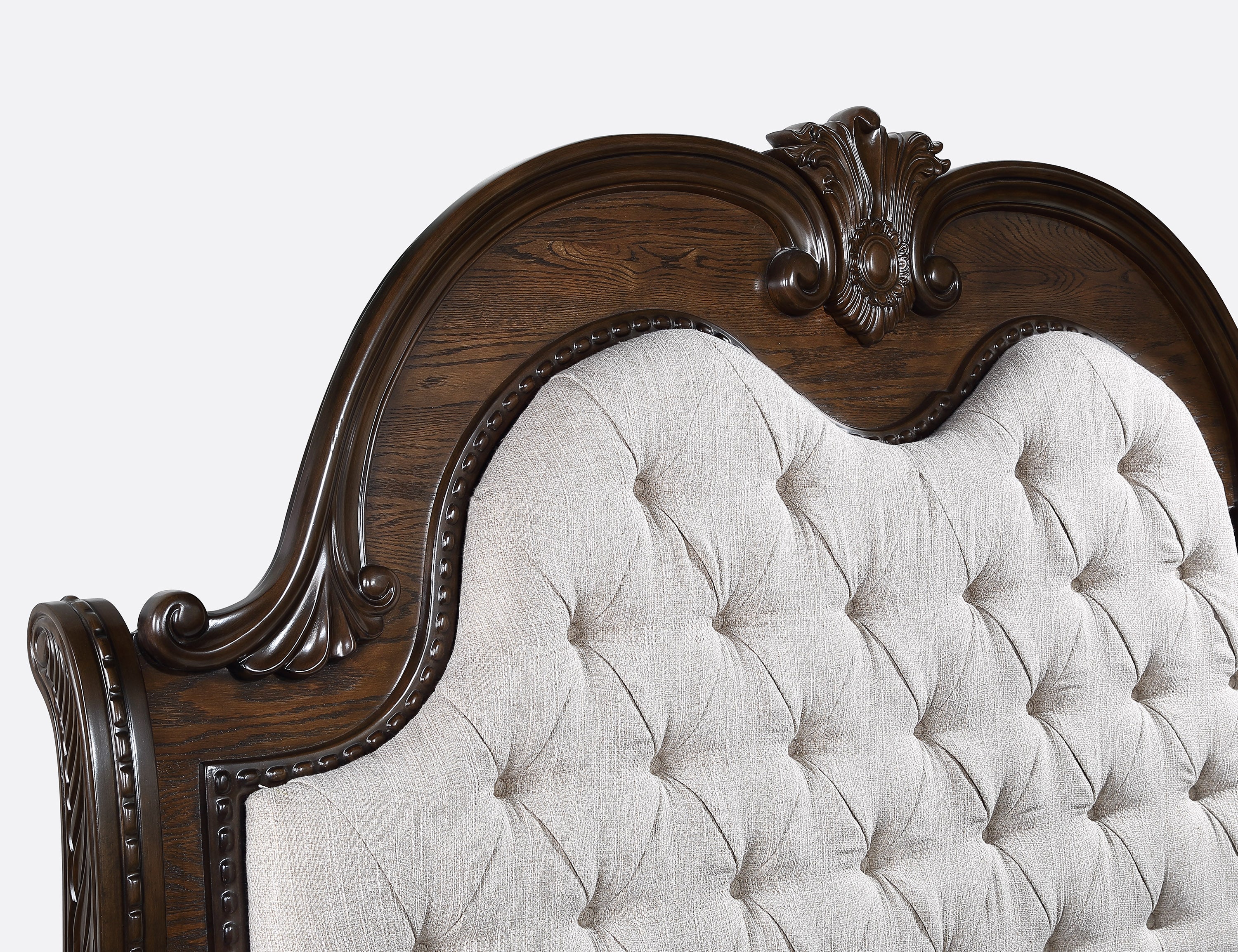 B1610 4 pc Stanley rich brown finish wood fabric tufted upholstered headboard sleigh style bedroom set with marble tops