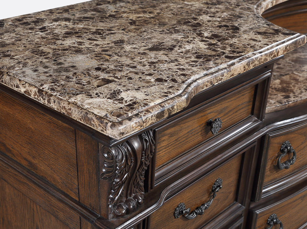 B1610 4 pc Stanley rich brown finish wood fabric tufted upholstered headboard sleigh style bedroom set with marble tops