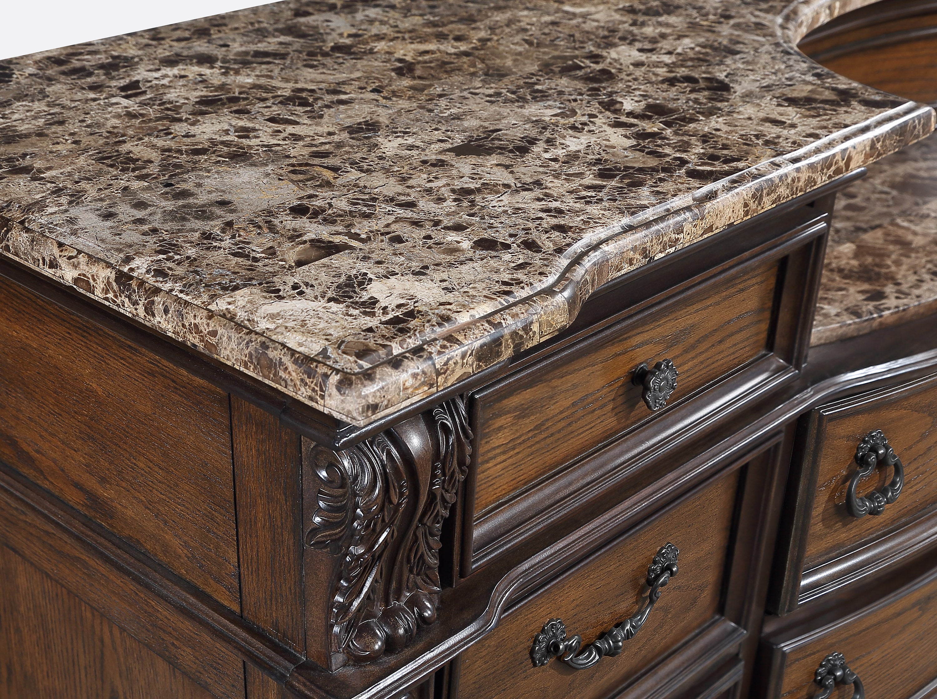 B1610 4 pc Stanley rich brown finish wood fabric tufted upholstered headboard sleigh style bedroom set with marble tops