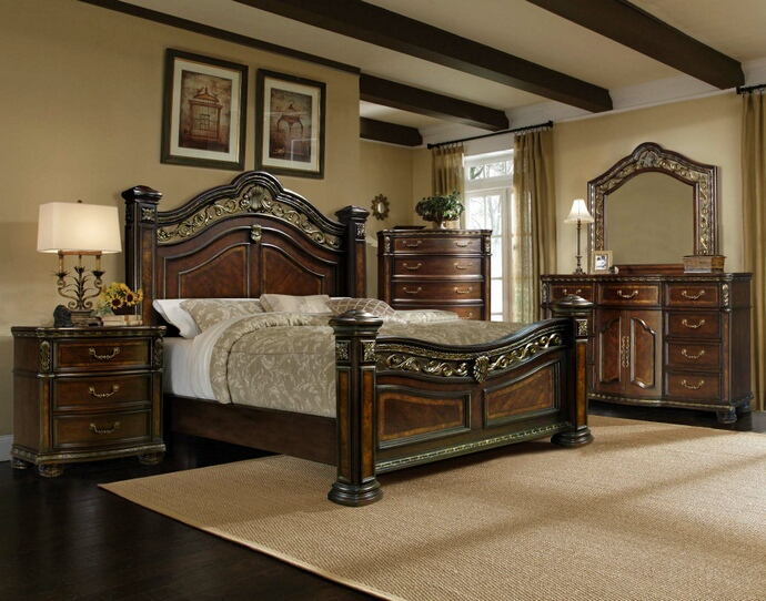 Mc Ferran B163 4 pc Astoria grand storrs dark brown wood finish carved accents king bedroom set