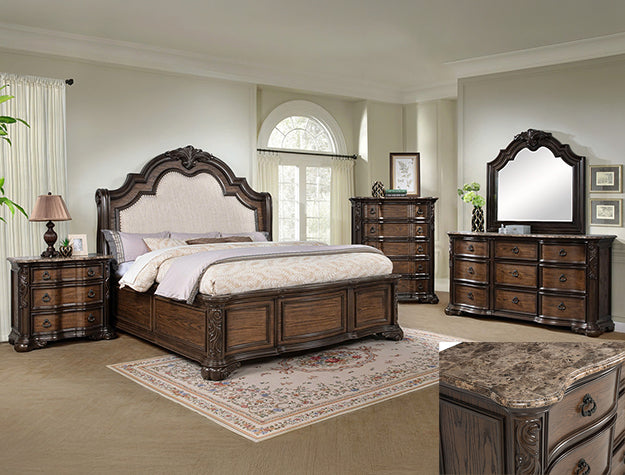 B1640 4 pc Ludwig rich brown finish wood padded upholstered nail head trim headboard bedroom set with marble tops