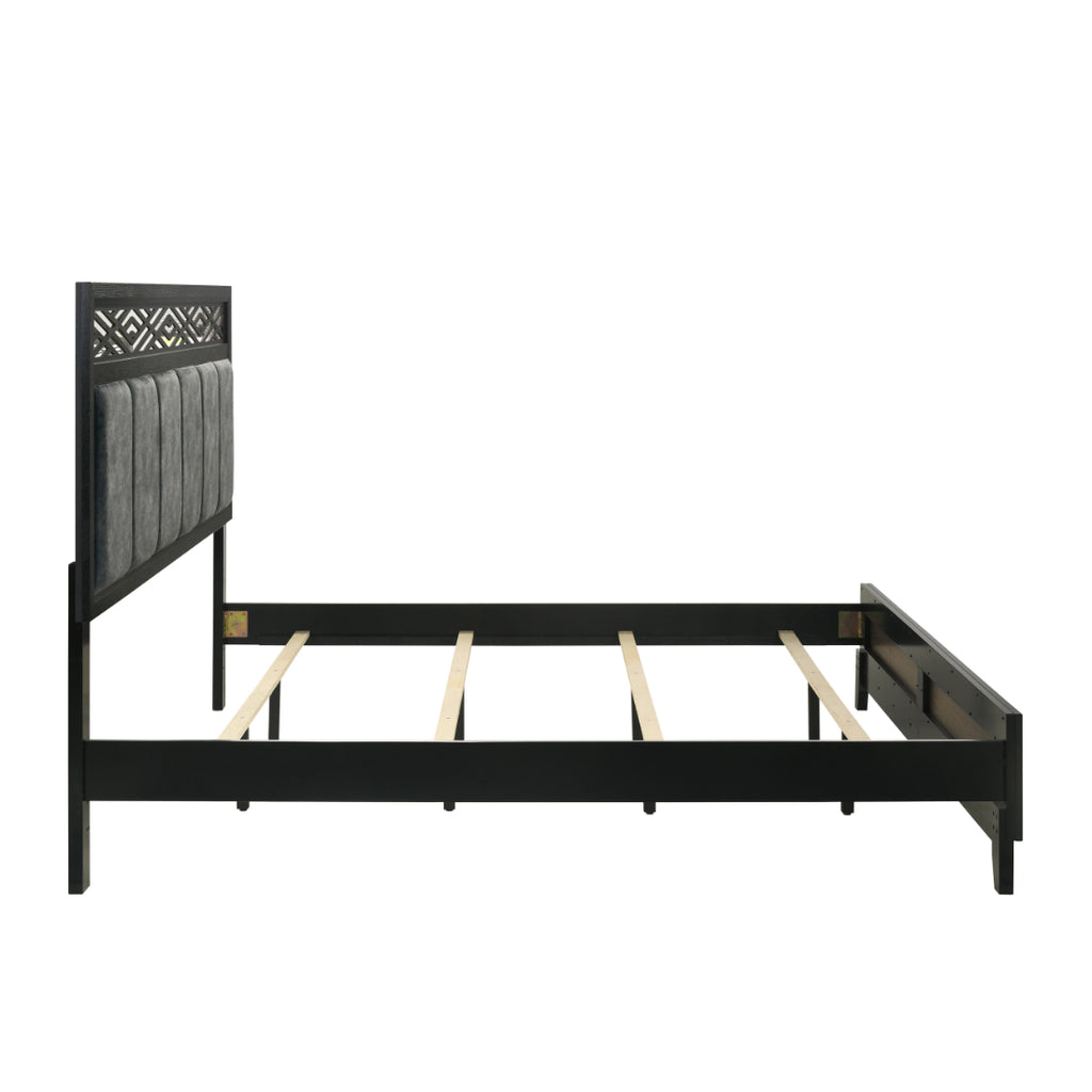 00-1655-4PC 4 pc Obsidian black finish wood mottled grey fabric padded queen bed set mirrored accents