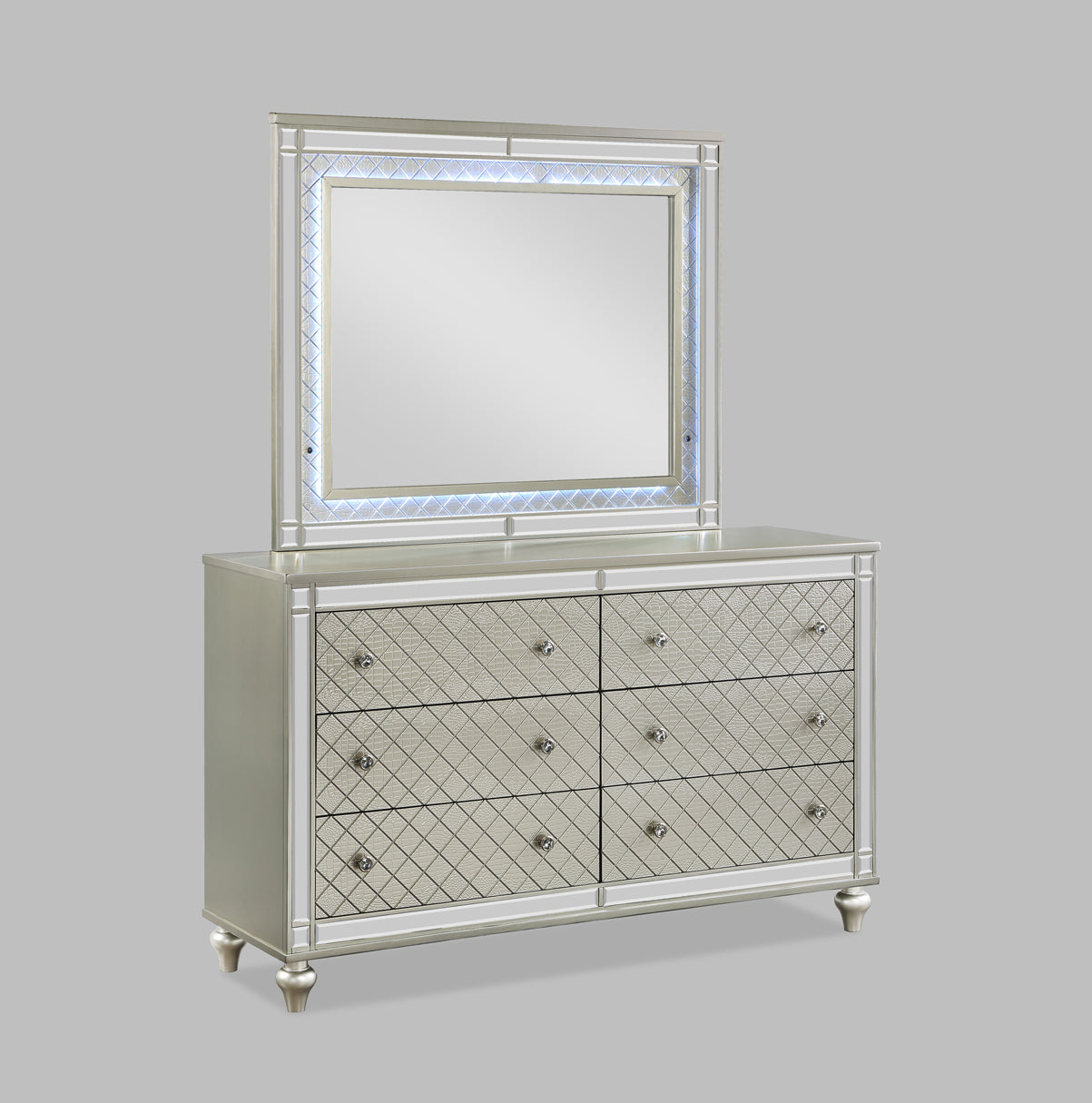 Cristian 4-Piece Champagne Padded Tufted Headboard Queen Bedroom Set with Mirror Accents – B1680