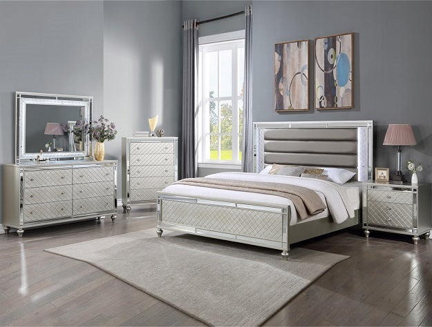 Cristian 4-Piece Champagne Padded Tufted Headboard Queen Bedroom Set with Mirror Accents – B1680