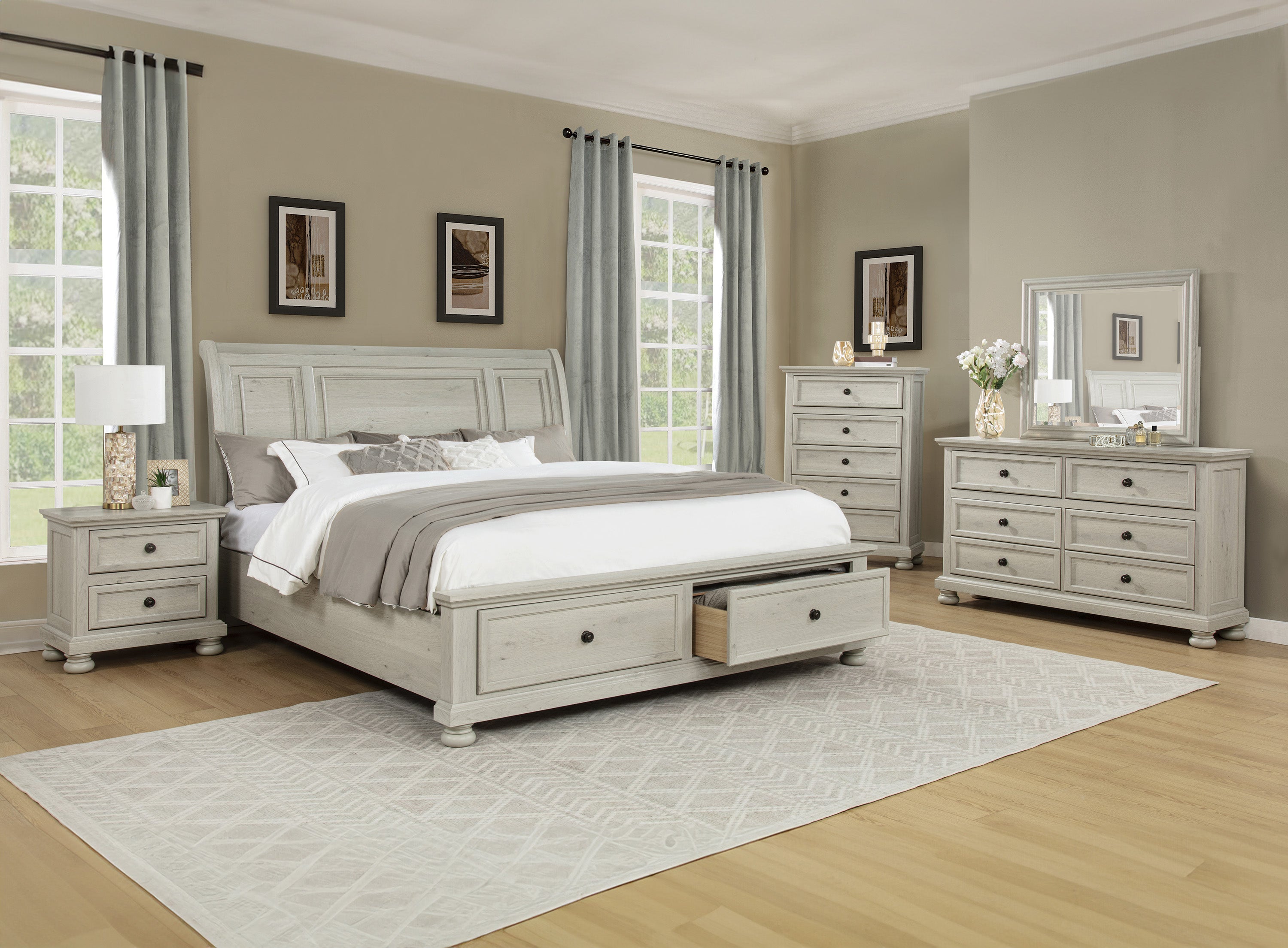 B1820 4 pc Claribelle warm off white finish wood queen bedroom set with footboard drawers