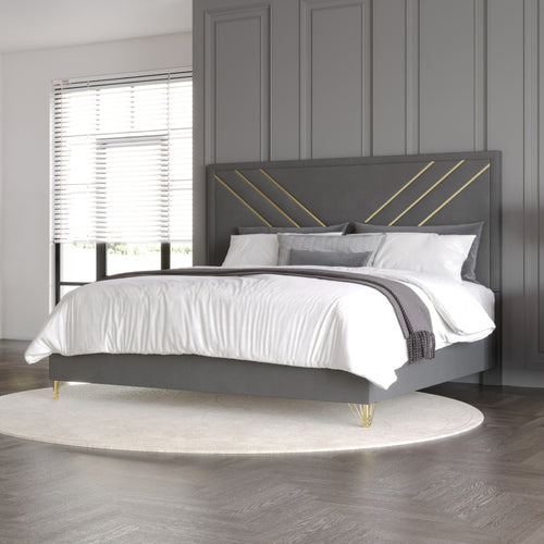 00-1826-4PC 4 pc Symmetry faux grey marble finish wood fabric upholstered headboard gold accents queen bed set