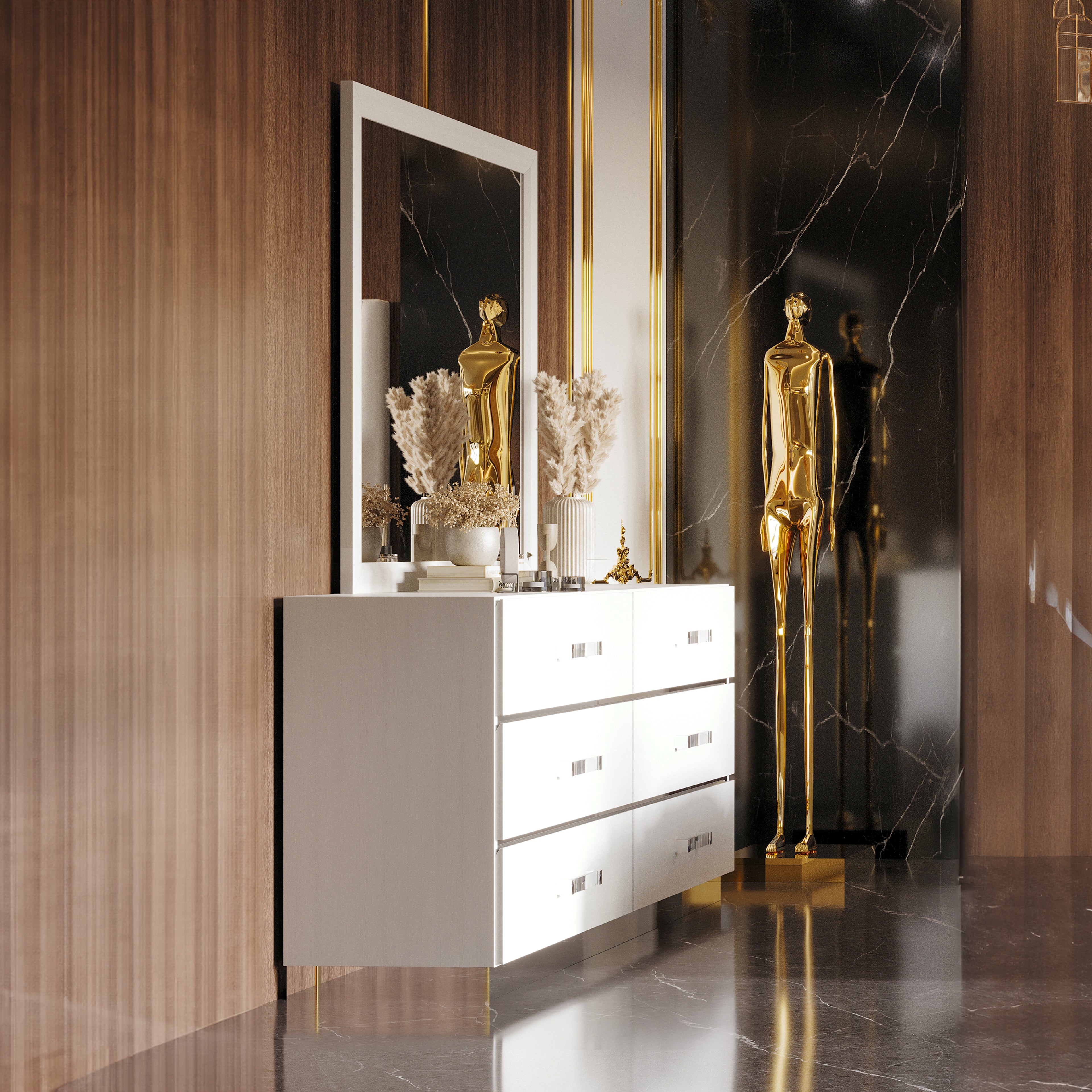 Europa Modern White Dresser with Silver Accents