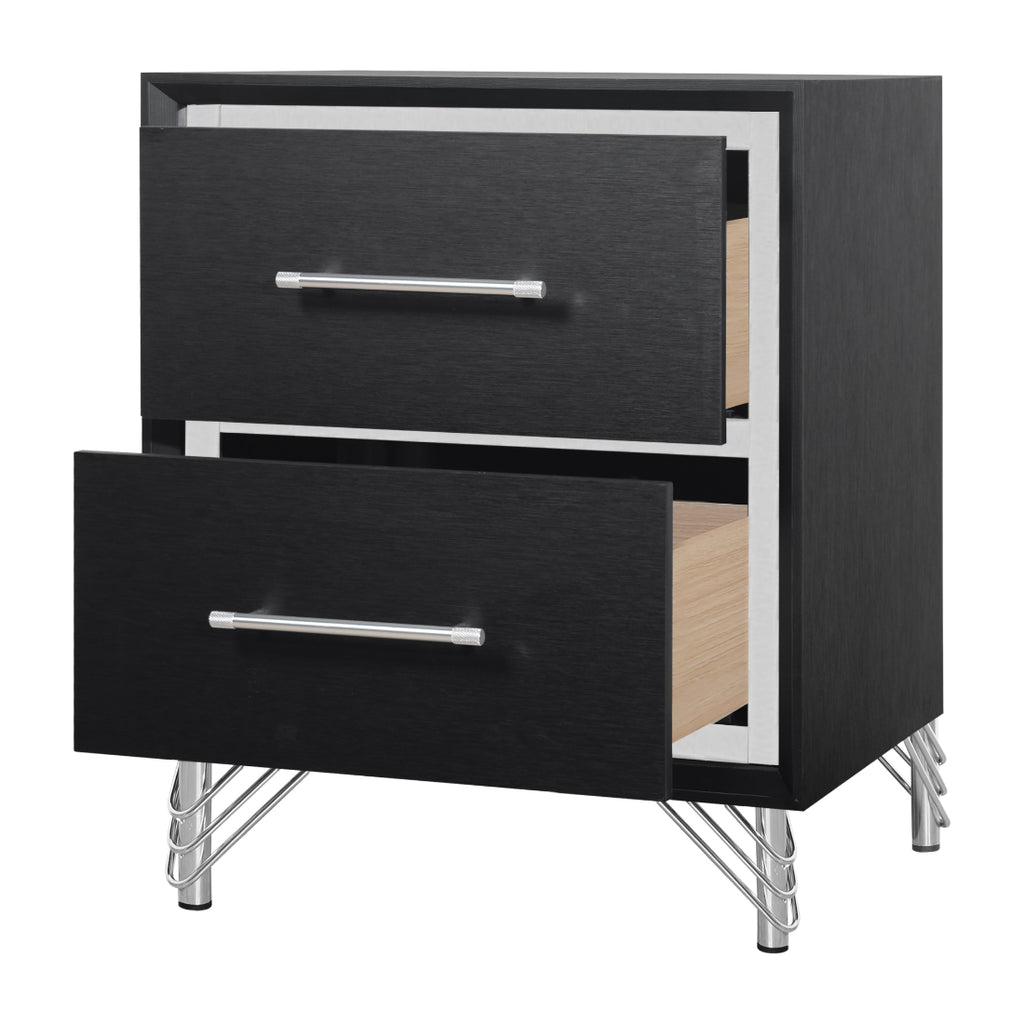 00-B1891-4PC 4 pc Ava black finish wood modern style black fabric upholstered headboard silver accents queen bed set