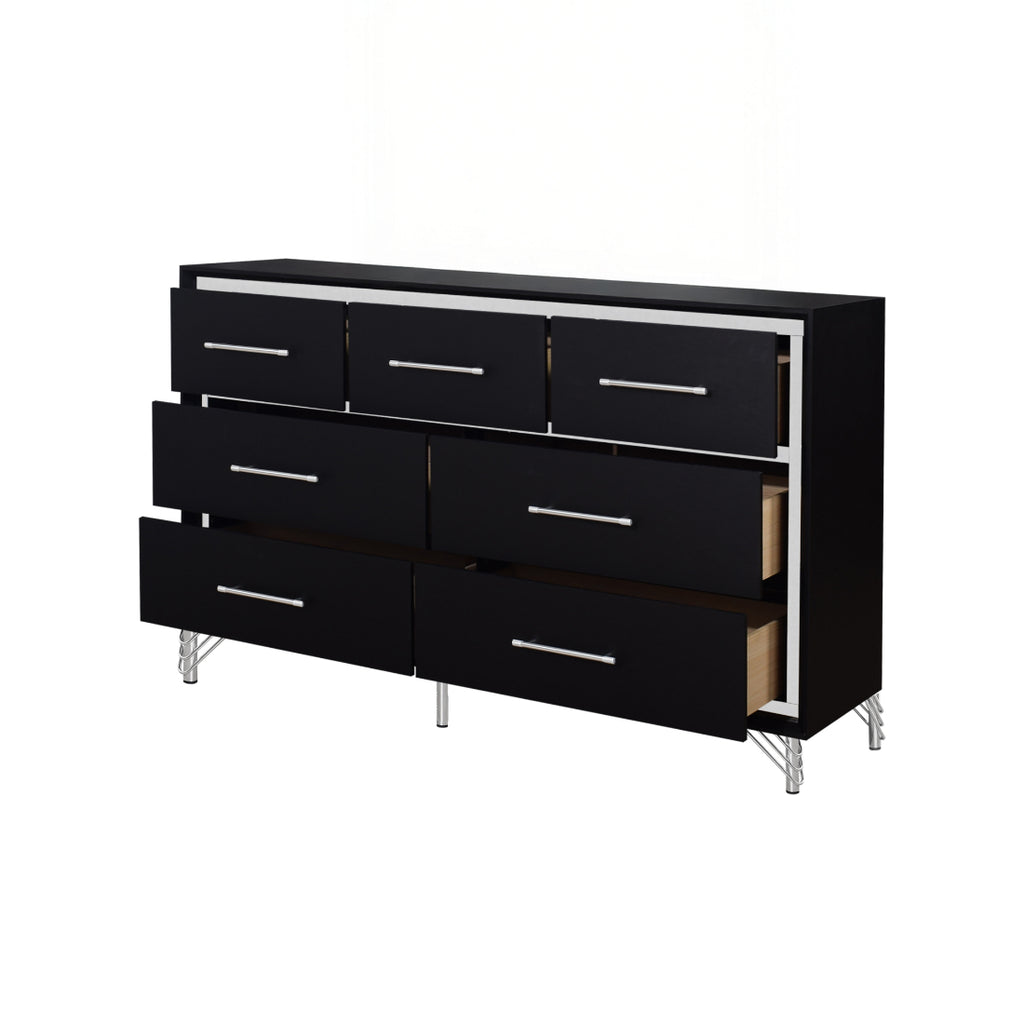 00-B1891-4PC 4 pc Ava black finish wood modern style black fabric upholstered headboard silver accents queen bed set