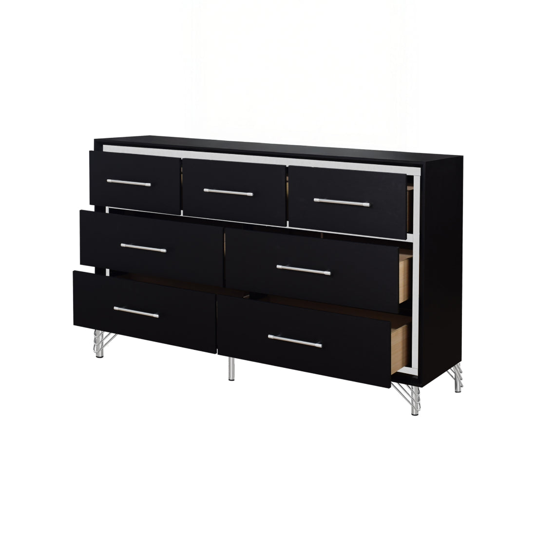 00-B1891-4PC 4 pc Ava black finish wood modern style black fabric upholstered headboard silver accents queen bed set