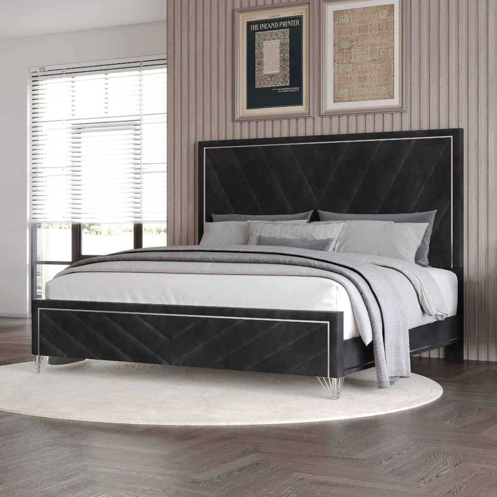 00-B1891-4PC 4 pc Ava black finish wood modern style black fabric upholstered headboard silver accents queen bed set