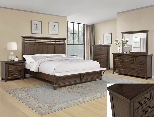 Beckett 4-Piece Rustic Brown Wood Poster Queen Bedroom Set with Footboard Bench – B1950