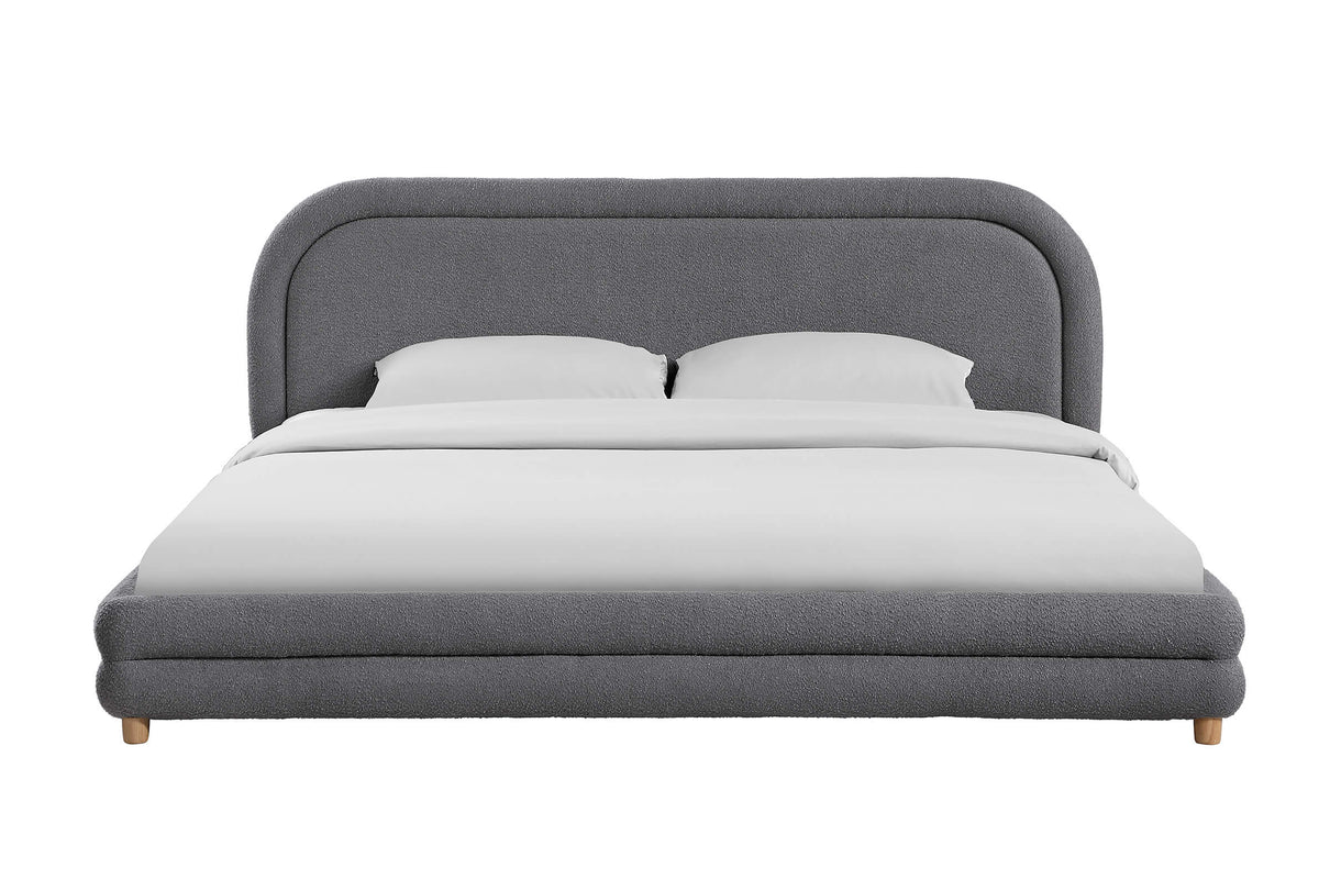 Best Quality Grey Teddy Bouclé Queen Platform Bed with Natural Wood-Tone Legs – B20-Q