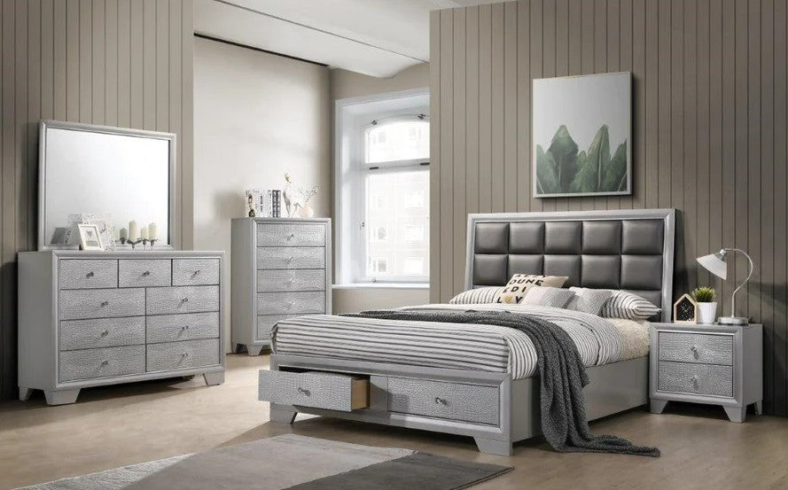 Mc Ferran B200 4 pc Canora grey zora silver faux crocodile finish wood faux leather tufted queen bedroom set