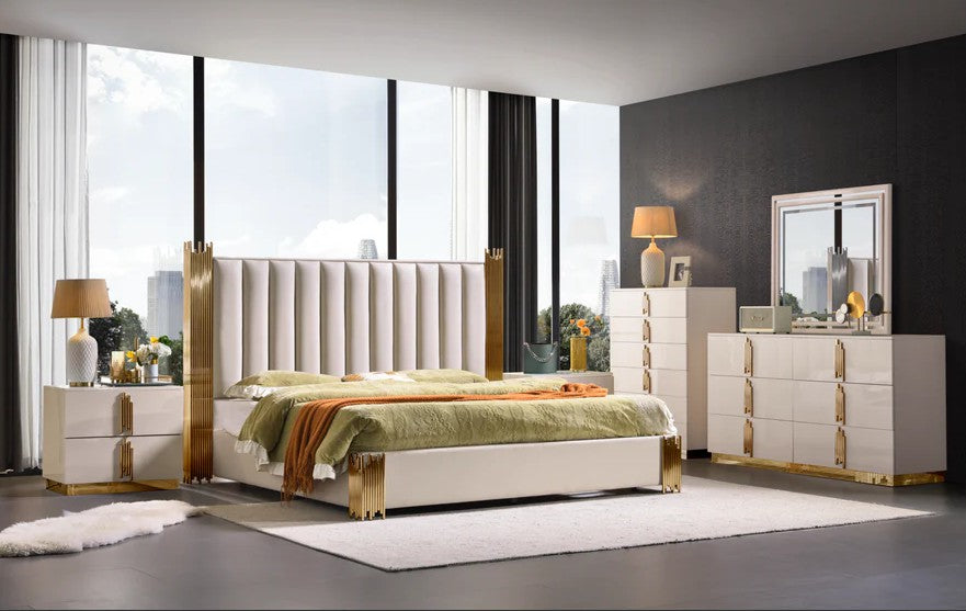 McFerran B2001 bedroom: cream High Gloss Finish bed with Leather Air tufted headboard and gold accents