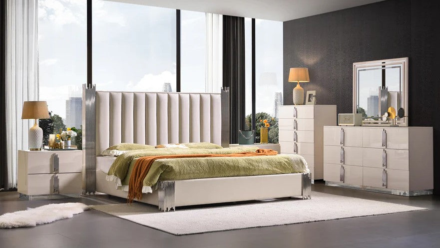 Mc Ferran B2002-4PC 4 pc Cream and silver finish wood faux leather tufted Eastern King bedroom set