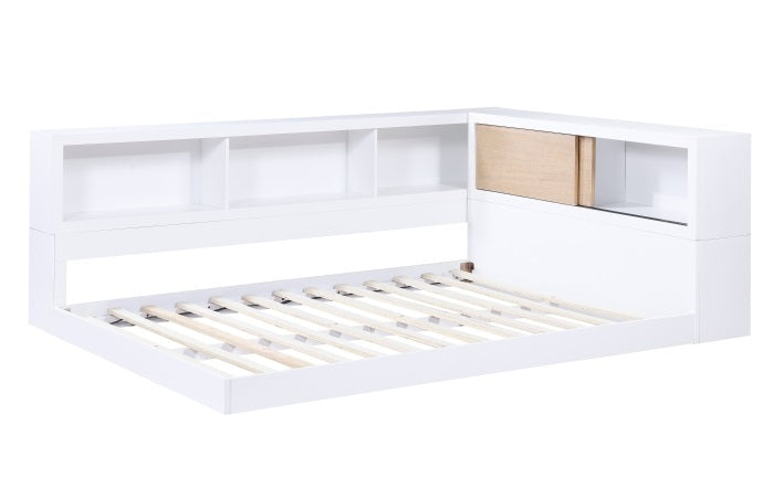 B2012BCF-1BC Harriett bee asker white finish wood full size low rise day bed with bookcase headboards USB plugs