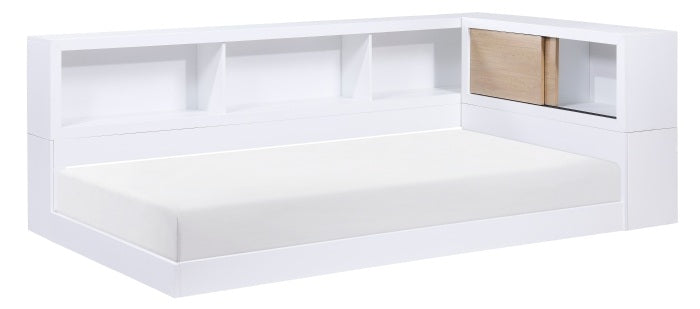 B2012BCT-1BC Harriett bee asker white finish wood twin size low rise day bed with bookcase headboards USB plugs